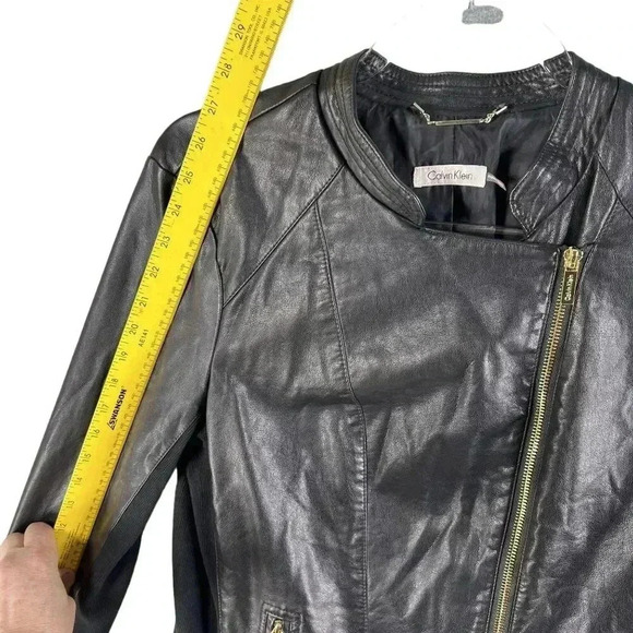 Calvin Klein Size 8 Vegan Black leather jacket gold hardware Asymmetrical Lined - Picture 12 of 16